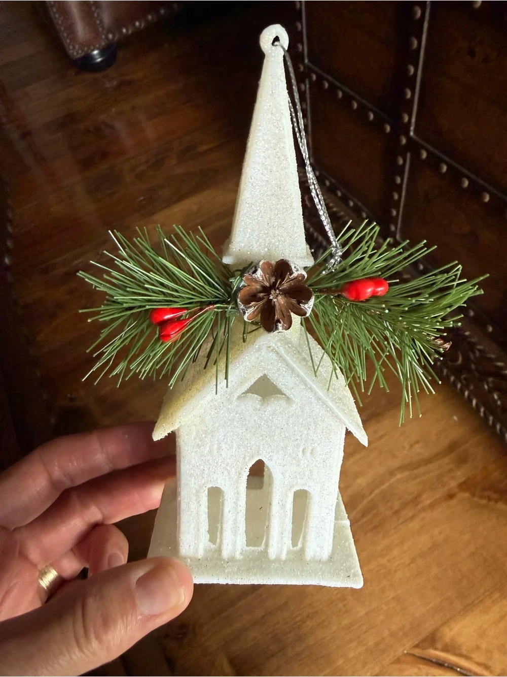 White Church glittery Christmas Ornament with Pine Sprigs 6”